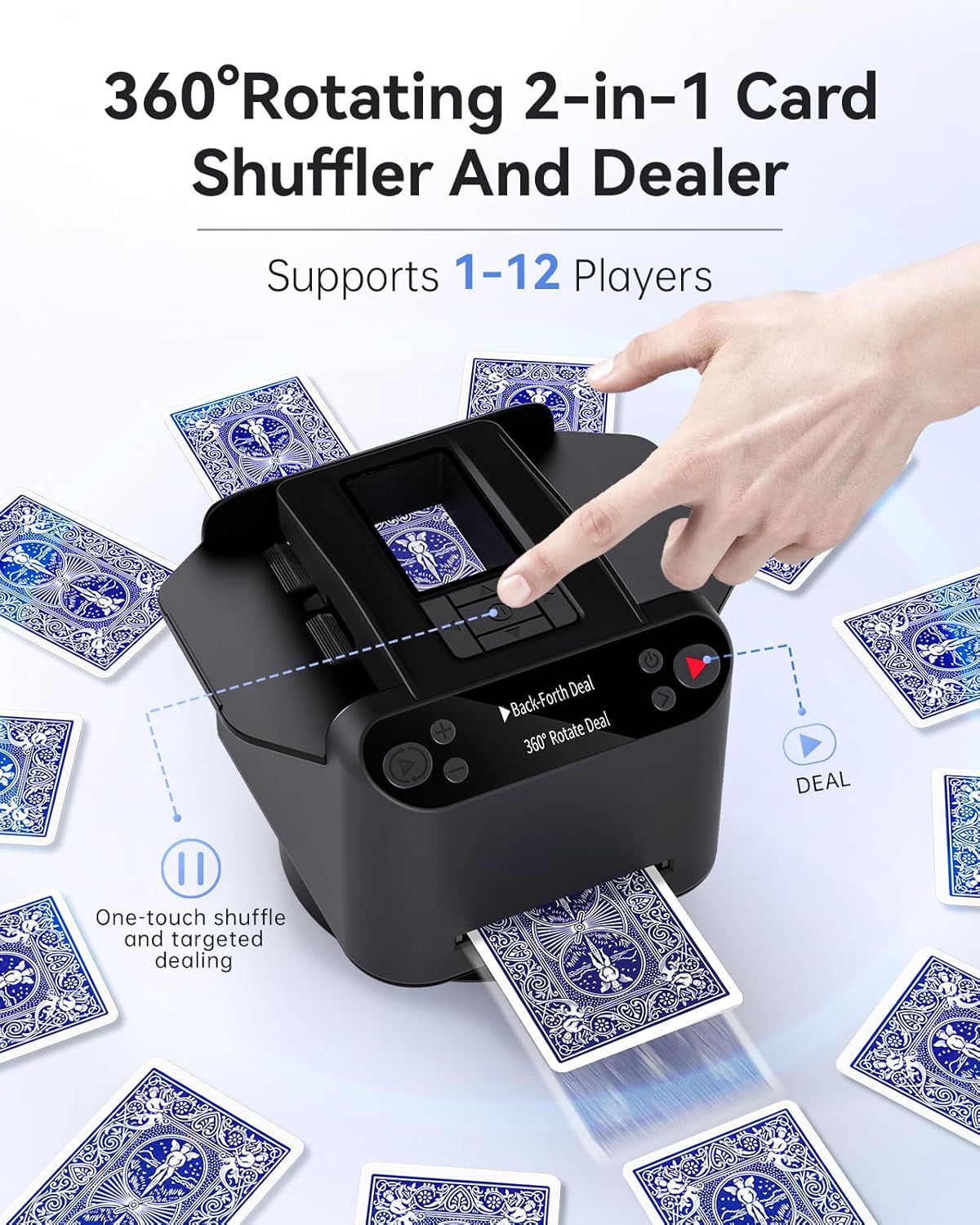 Automatic Card Shuffler and Dealer 2-in-1, 2 Deck 360° Rotating Dealing Machine for 12 Players, 4 Drawing Remotes, Rechargeable Playing Card Shuffler Machine for UNO, Poker, Phase 10