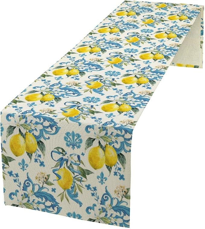 Lemon Flower Table Runner, Summer Fruit Sicilian Style Table Runner for Indoor Outdoor Kitchen Home Party Holiday Dining Table 13x90in
