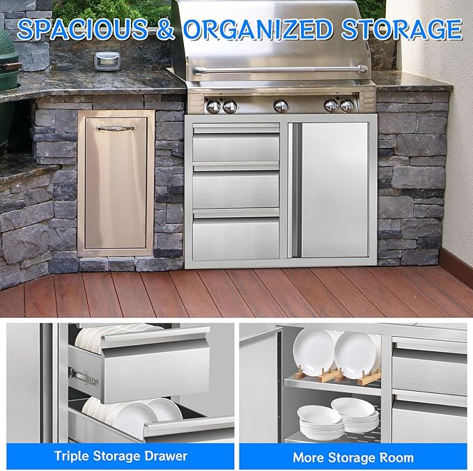 Outdoor Kitchen Drawer Combo, Stainless Steel Triple Drawers with Access Door, 28" W x 22" H x 19.5" D Outdoor Kitchen Cabinet for BBQ Island Grill Stations