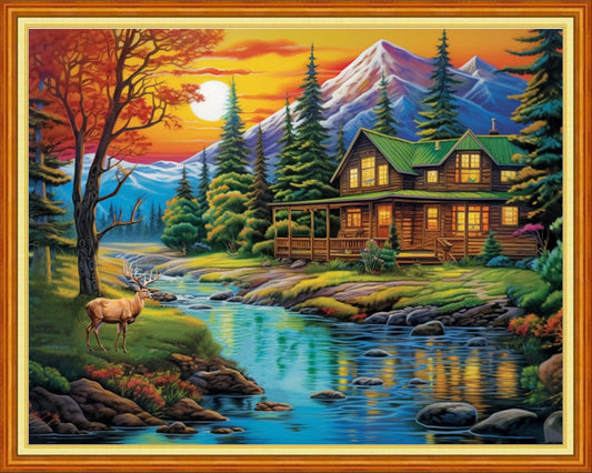 Cross Stitch Kits for Beginners Stamped Cross-Stitch Supplies Needlework preprint Embroidery Kits for Adults DIY Needlepoint Kits Embroidery Patterns 11CT-Charming Cabin Scenery 16x20 inchs