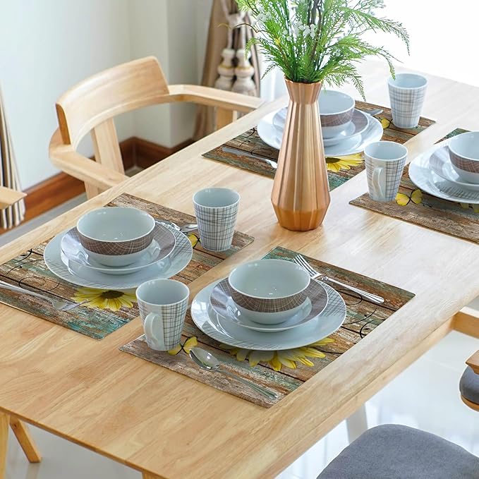 Giwawa Rustic Daisy Placemats Set of 4- Yellow Sunflowers Vintage Wood Board Linen Place Mat- Farmhouse Wooden Floral Non Slip Heat Resistant Table Mats for Kitchen Dining Cabin Lodge Decor
