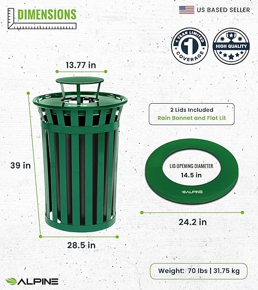 Alpine Commercial Outdoor Trash Can - 38 Gallon Heavy Duty Green Recycle Garbage Can with Liner, Flat Lid and Rain Bonnet Lid, All Weather Resistant Large Outside Trash Can for Parks, Parking, School