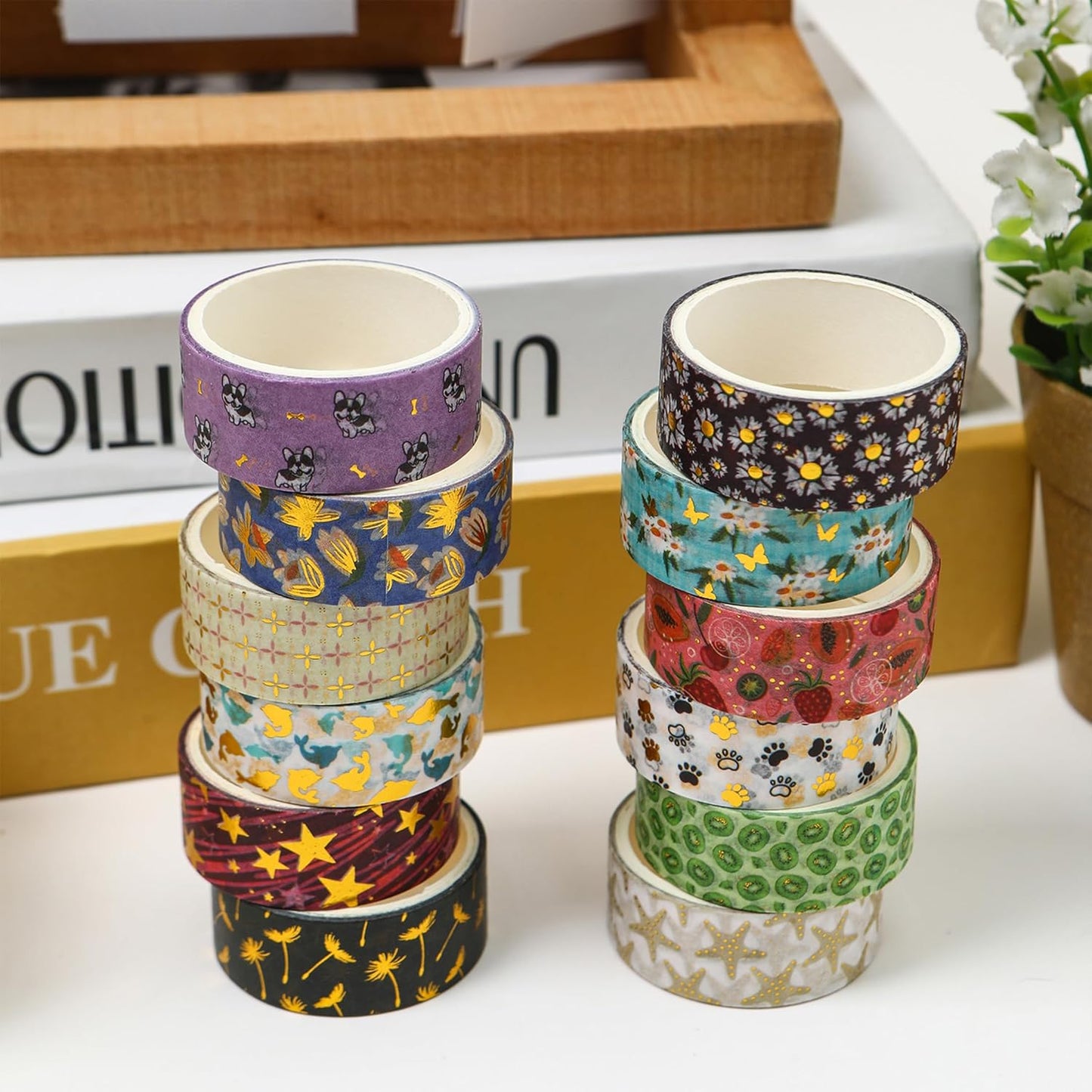 12 Rolls Charming Washi Tape Set Gold Silver Foil Detailing Arts Adhesive Tapes Basic Patterns Decorative Masking Tape Sets for Craft, Kids, Scrapbook, DIY, Gift Wrapping (Mystical Forest)