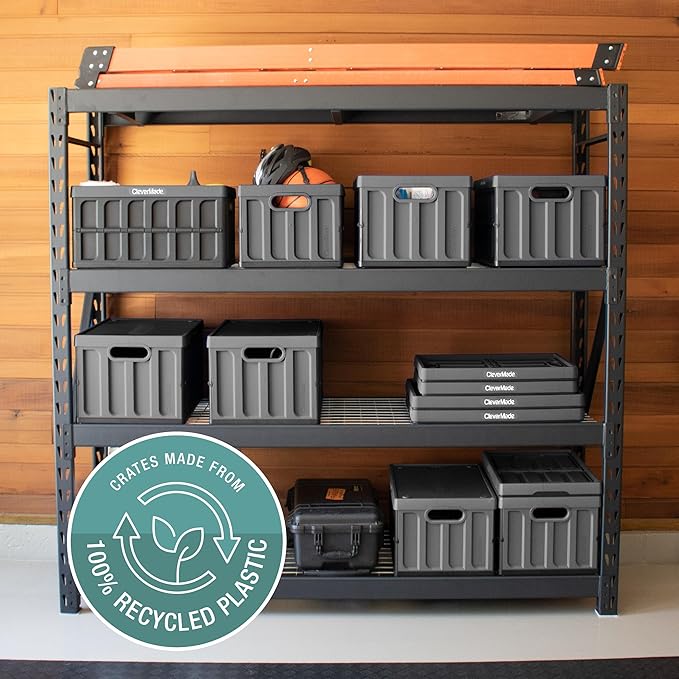 CleverMade Collapsible Storage Bins with Lids - Stone 3 Pack 62L - Plastic Containers Stackable Organization Crates Home Closet Space-Saving Durable