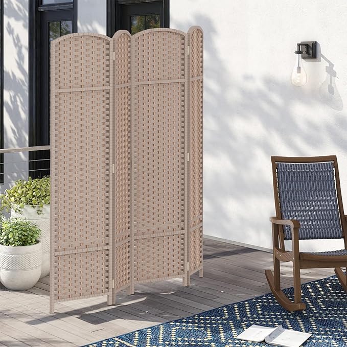 Room Divider 4 Panel Screen 5.6 Ft Tall Partition Room Dividers Beige Privacy Screens Folding Room Separation Free Standing Waterproof Wood Frame Wall Divider