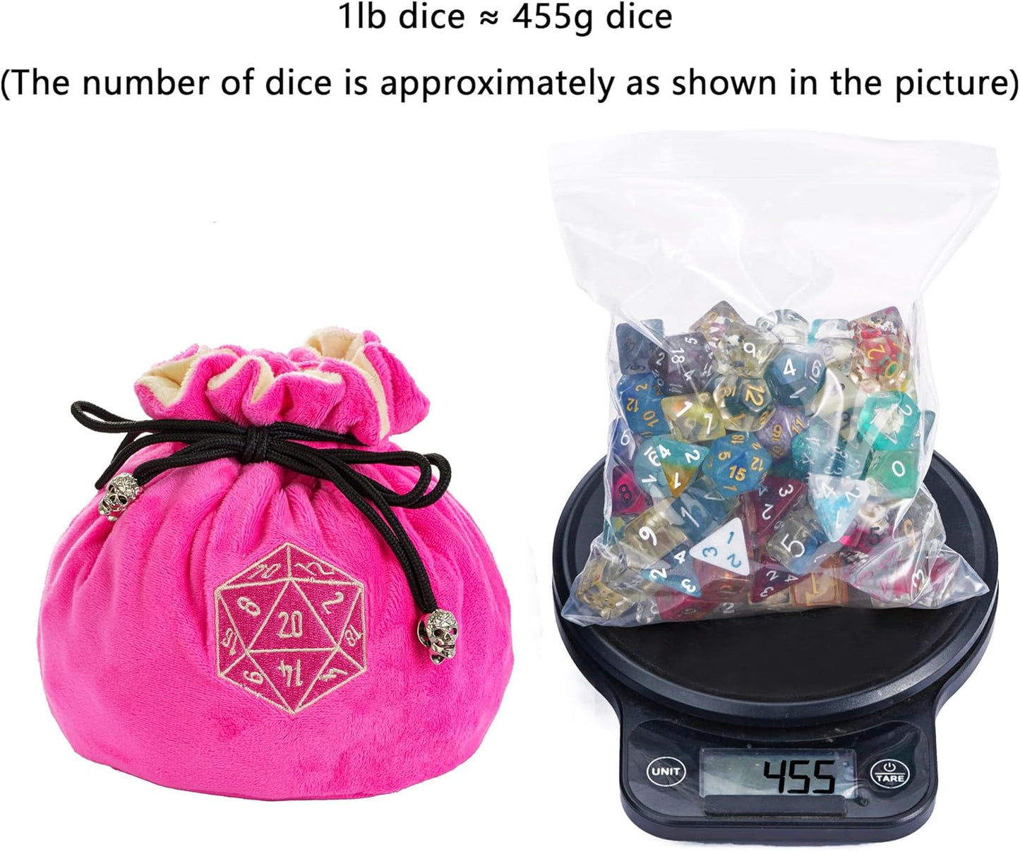 Large Dice Bags with Pockets Pink Storage Bag D20 Logo for DND RPG Game Dices (with 1lb Random DND Dice)
