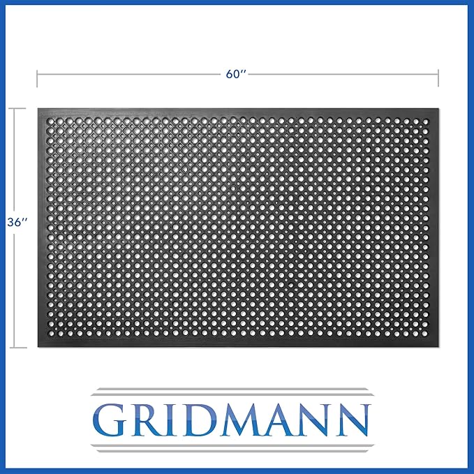 GRIDMANN Rubber Floor Mat, 36" x 60" Anti-Fatigue Drainage Mat, Non-Slip and Grease Resistant for Restaurants, Commercial Kitchens, Bar Floors, Black