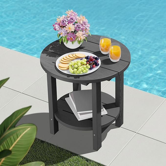 SERWALL Round Outdoor Side Table Set of 2, HDPE Small Adirondack Double End Table, Gray