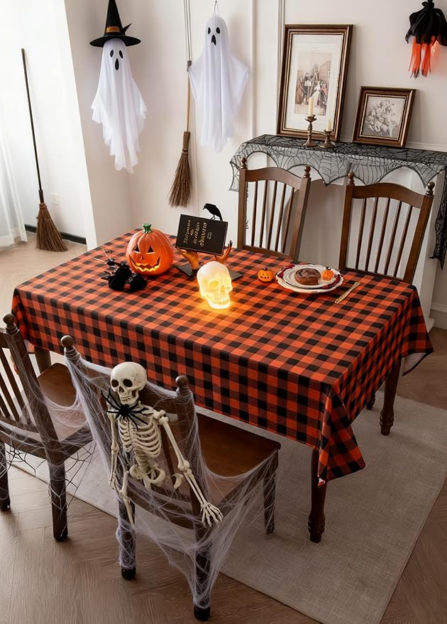 Waterproof Gingham Festive Tablecloth Fabric - Oblong 52x70 Inch Classic Buffalo Tartan Autumn Table Cloth for Outdoor Use - Halloween Coloring Tabletop Cover for Dinner, BBQs, and Parties