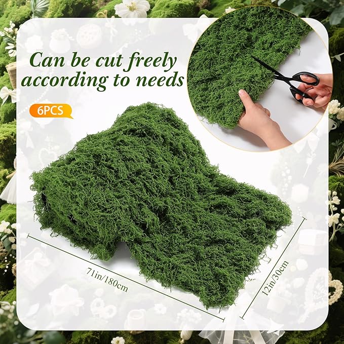 Zeyune 6 Pcs Fake Moss Table Runner for Crafts 12'' x 71'' Artificial Moss Sheet Roll Waterproof Carpet Blanket for Wall Roof Garden Wedding Birthday Party Table Decoration (Green)