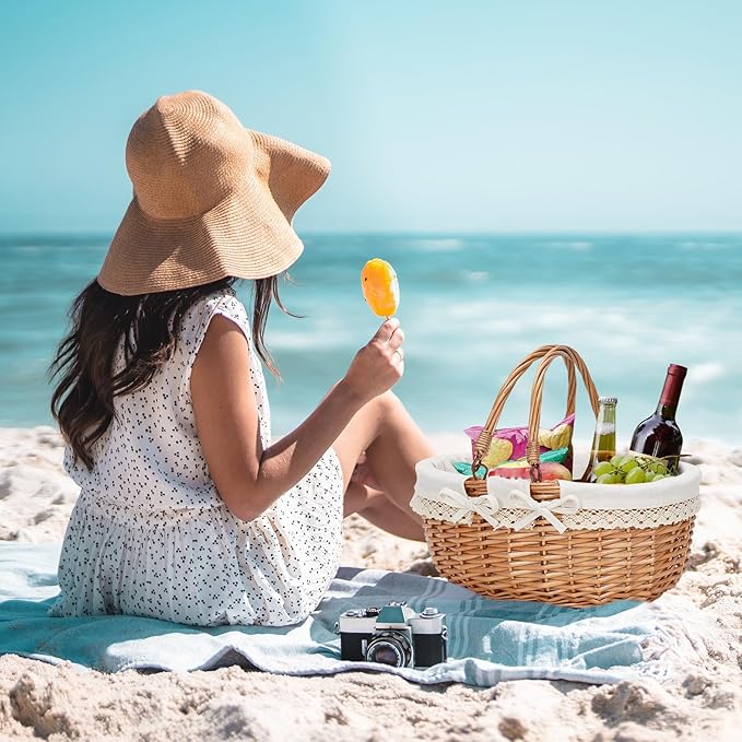G GOOD GAIN Oval Picnic Basket with Folding Handles, Willow Hand Woven Shopping Basket, Bath Storage Gift Packing Basket, Wicker Empty Easter Eggs and Candy Small Gift Basket.Cream