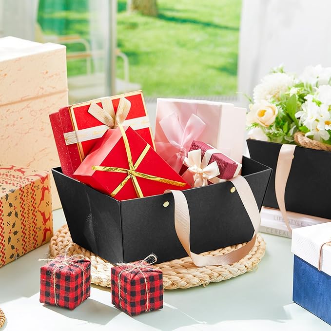 Tuanse 30 Pcs Basket for Gift Empty DIY Bulk Gift Basket Kit with Handle Kraft Cardboard Tray with 30 Bag 30 Bow Market Tray for Wedding Party(Black,9.8 x 6.5 x 4.3 in)