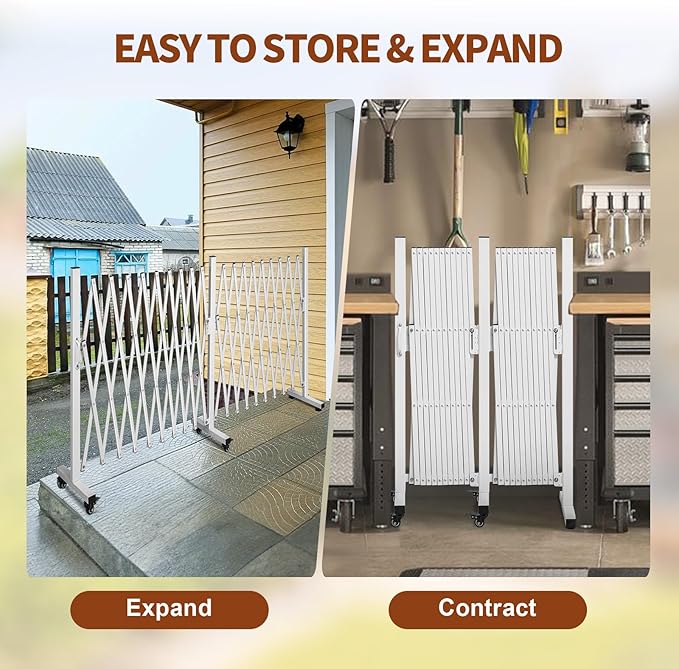 TECSPACE Aluminum Expandable Garden Fence, Portable Barricade Gate with Casters, Expansion Size 201×15.2×40.6 inches, Adjustable Flexible Fence Mobile Barricade Safety Barrier