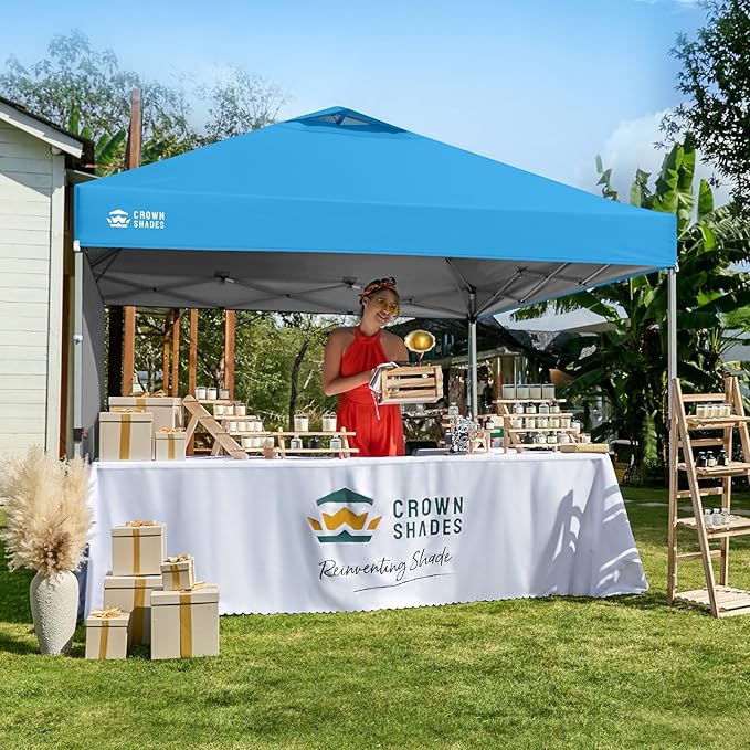 CROWN SHADES 10x10 Pop Up Canopy with 1 Side Wall - Beach Tent with One Push Setup - Outdoor Sun Shade for Events, Parties, Camping - Gazebo with STO-N-Go Cover Bag (Sky Blue)