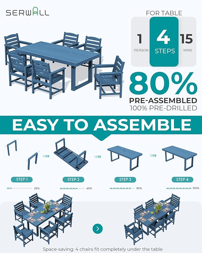 SERWALL HDPE Outdoor Dining Set for 6, 67'' All Weather Patio Dining Table and Chairs Set for Deck, Lawn, Blue
