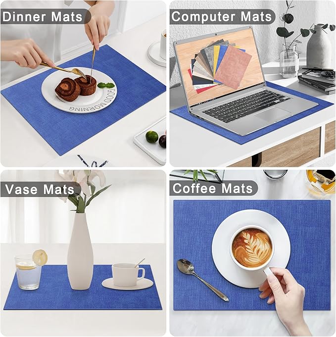 Homaxy Faux Leather Heat Resistant Placemats for Dining Table Set of 6, Waterproof Wipeable Washable PU Table Mats, Easy to Clean Anti-Slip Place Mats, 11.8" x 17", Sea Blue