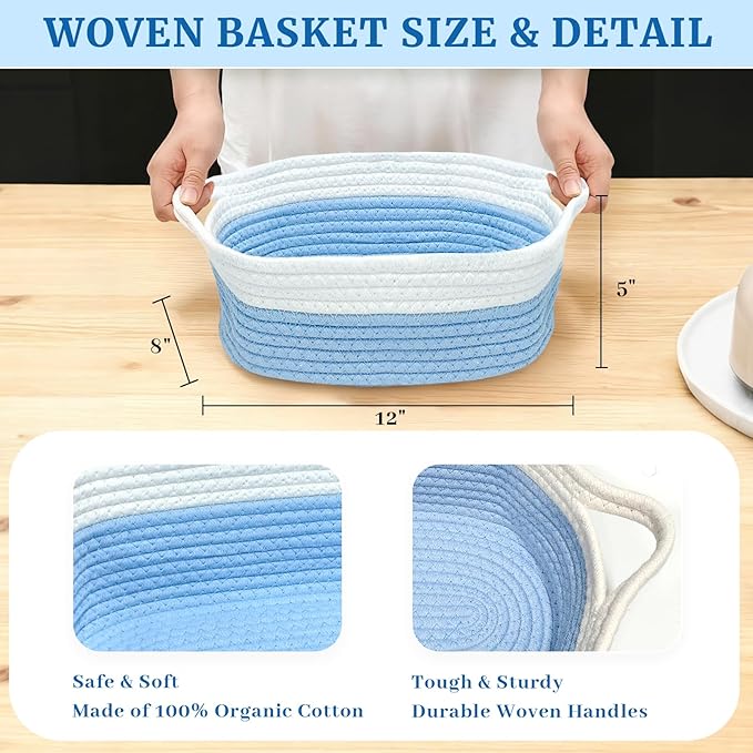 Succwoah 8 Pack Small Woven Baskets with Gift Bags & Ribbons & Cards, Cotton Rope Nursery Storage with Handles, 12"x8"x5", Empty Gift Baskets for Baby Shower, Christmas, Thanksgiving, Organizer (Blue)