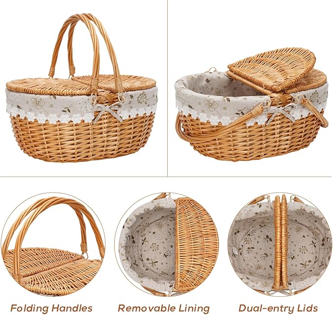 ZORMY 15" Wicker Picnic Baskets with Removable Liner, Empty Picnic Basket with Lid, Picnic Hamper with Folding Woven Handles for Picnic, Camping, Outdoor, Halloween, Thanks Giving - WhiteKapok