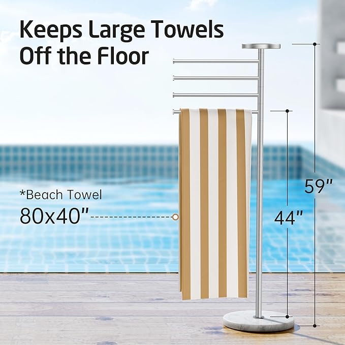 KES Hot Tub Towel Rack Outdoor with 1.5X Heavier Natural Marble Weighted Base, Pool Towel Rack with 360° Adjustable Arms & Storage Tray, 18/8 Stainless Steel, Brushed Steel, OTR203-2