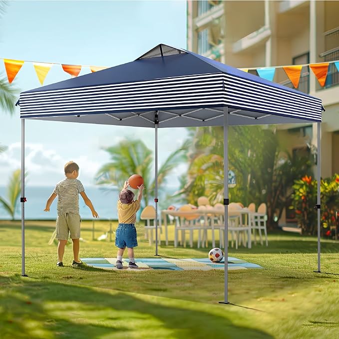 PHI VILLA Pop Up Canopy 10 10 Tents for Parties with Wheeled Bag, Portable Lightweight Folding w/Adjustable Height,Blue and White Stripes