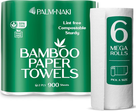 100% Bamboo Paper Towels | Lint-Free, Eco-Friendly, Tree-Free | 2-Ply Kitchen Paper Towel | Food Grade – FSC-Certified, BPA/PFAS-Free | 6 Mega Rolls – 150 Sheets/Roll | PALM NAKI