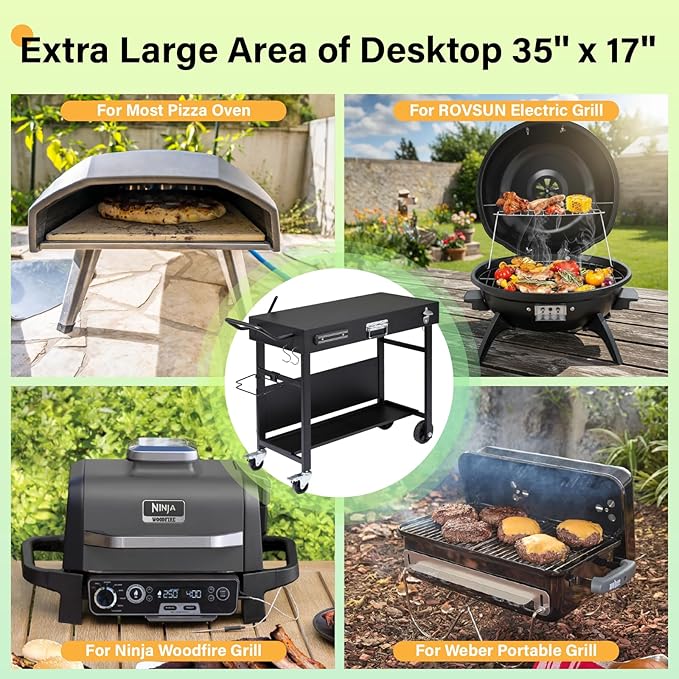 VINGLI Outdoor Grill Table Cart, Foldable Grill Cart with Wheels, Rolling Table for Ninja, Blackstone Griddle, Pizza Oven Stand, Food Prep Table w/Bottle Opener, Seasoning Tray, Rubbish Bag Holder