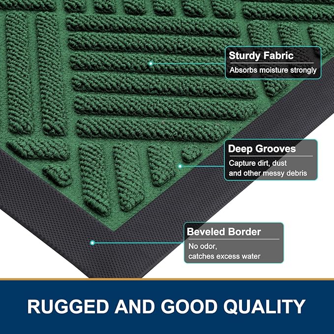 Smiry Front Door Mat Outside Entrance, Heavy Duty Outdoor Indoor Natural Rubber Doormat, Non Slip, Trap Dirt and Moisture, Easy Clean, Low Profile Patio Porch Entryway Mat, 71x23, Green