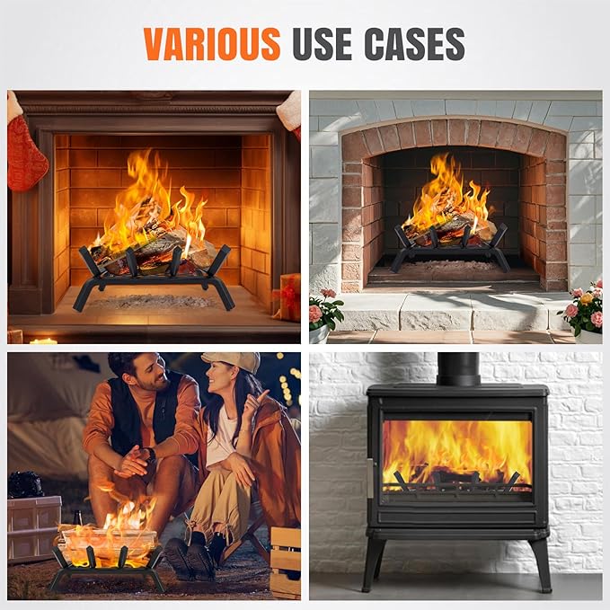 Fireplace Grates with Ember Retainer - 14 Inch Fireplace Log Grate, Wood Stove Grate, Firewood Wood Log Holder Rack,Inside Wrought Cast Iron Fire Grate for Hearth Indoor Outdoor Camping
