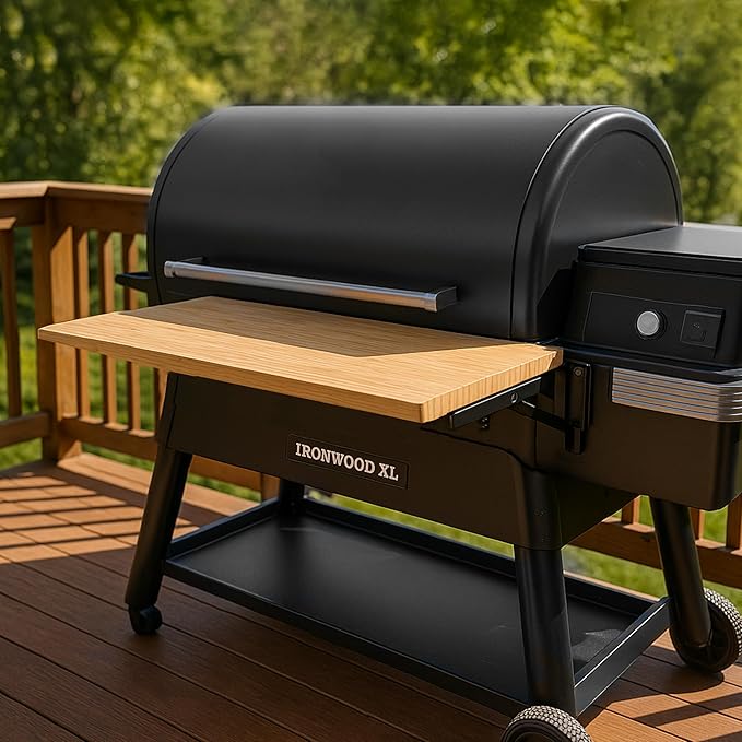 Iron Forge Tools 34x12 Wood Folding Grill Shelf Accessory - Compatible with Traeger Grill Ironwood, Ironwood XL, Timberline, & Timberline XL Models with PAL Pop and Lock Accessories Mount