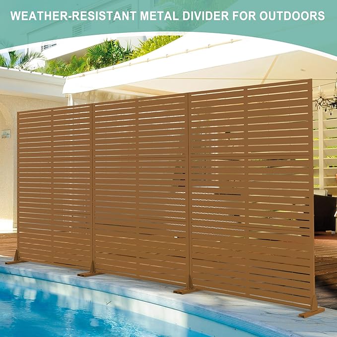 Metal Privacy Screen for Outdoor & Indoor Use, Free Standing Privacy Screen for Patio Garden Pool, 72" H x 47" W Decoative Privacy Panels, Weather Resistant, Easy Assembly (Brown Louvered)