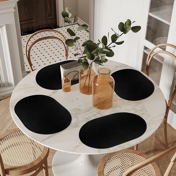 ADRIMER Placemats, Heat Resistant Oval Placemats Set of 8 Washable 12 x 17 Inch, Waterproof Table Mats, Wipeable Pu Place Mats for Kitchen, Dining Room, Black