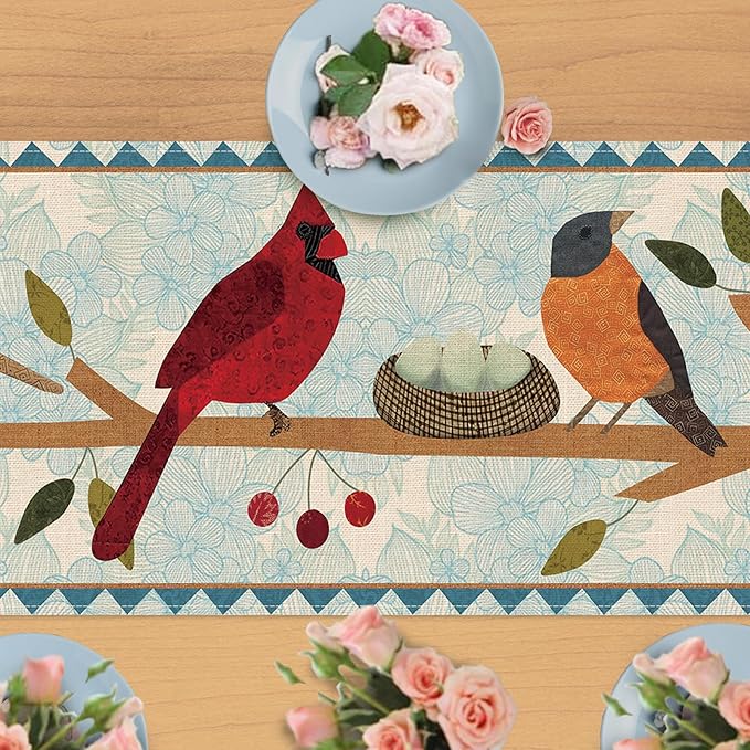Seliem Spring Summer Birds Blue Table Runner, Cardinal Chickadee Bluebird Branch Red Berry Kitchen Dining Table Decor, Flower Nest Egg Burlap Home Decoration Indoor Outdoor Party Supply 13 x 36 Inches