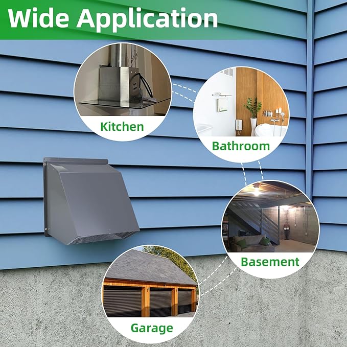 6 Inch Hooded Wall Vent with Screen and Damper,6 Inch Exhaust Vent Cover Cap for Outdoor Kitchen Range Hood Dryer Ventilation,Outside Wall Mount Extractor for House Air Exhaust,Galvanized Steel,Gray