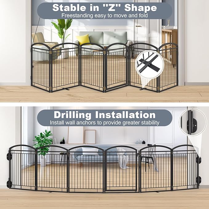 Full Metal Free Standing Dog Gate with Door for Indoor Outdoor, 144'' Extra Wide 36'' Tall Dog Gate for Doorways,Large Openings,Decks,Freestanding Portable Pet Fence(6 Panels,Black)