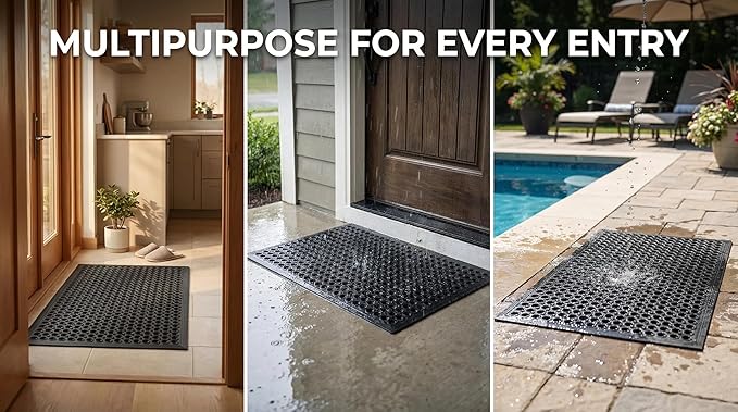 Large Rubber Doormat for Outside - 60 x 35 Heavy Duty Outdoor Drainage Mats with Holes - Waterproof Anti Slip Fatigue Floor Mat for Door, Commercial Kitchen, Pool, Restaurant, Garage, Bar, Entrance