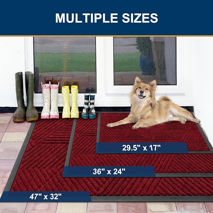 Smiry Front Door Mat Outside Entrance, Heavy Duty Sturdy Natural Rubber Doormat, Trap Dirt and Moisture, Easy Clean Low Profile Mats for Indoor Outdoor Entry, Irregular Triangle (36x24, Deep Red)