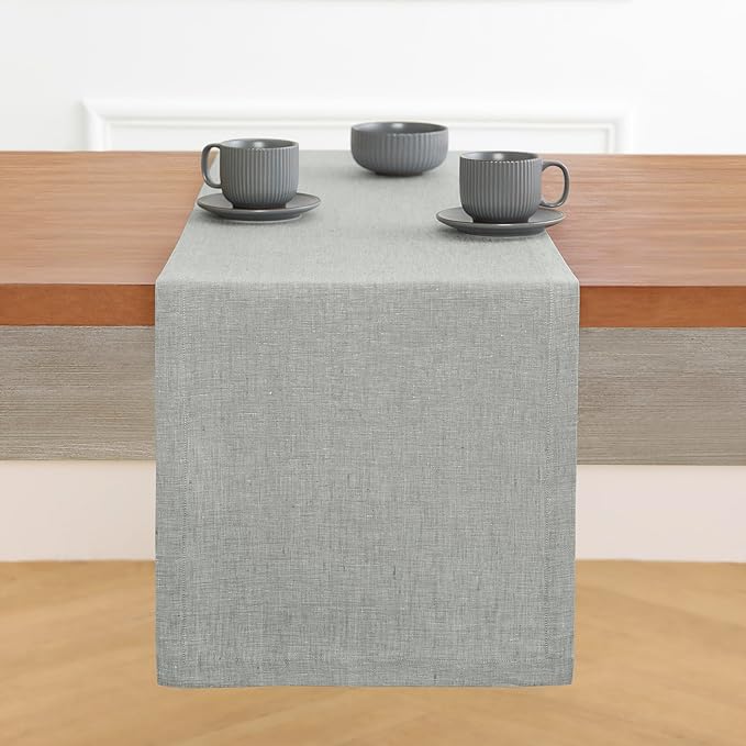 Solino Home Linen Table Runner 90 Inches Long - Athena, 100% Pure Linen Chambray Grey Table Runner 14 x 90 Inch for Dining