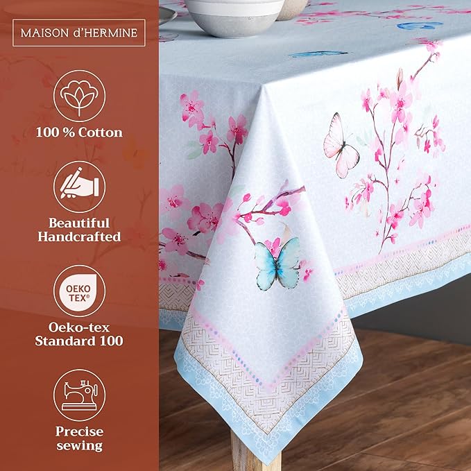 Maison d' Hermine Table Cloth Rectangle Table 100% Cotton 60 x 90 Inches Tablecloth Reusable Decorative for Dining Room, Farmhouse, Home, Party, Festive & Wedding Spring Summer - Blossoms in Spring