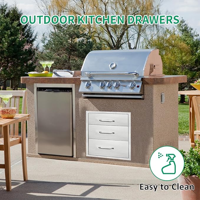 Outdoor Kitchen Drawers 16" W x 21" H x 23" D Stainless Steel Triple Drawers with Ergonomic Handle for BBQ Island, Patio Grill Station & Outdoor Kitchen Cabinets