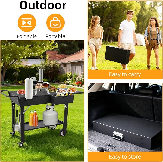 Foldable Grill Cart for Blackstone Griddle, Portable Outdoor Griddle Stand for 17" & 22" Blackstone, Ninja Woodfire & Pizza Oven, Mobile BBQ Prep Table with Side Shelf & Storage