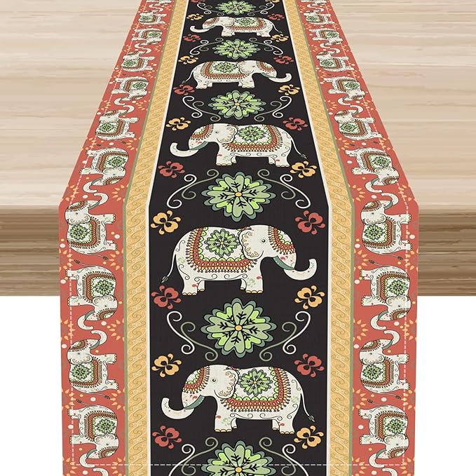 Boho Elephant Table Runner, Rustic African Tribe Indian Diwali Floral Ethnic Rustic Green Coffee Table Center Decor for Home Kitchen Dining Holiday Party Country Outdoor Table Decorations, 13"x90"