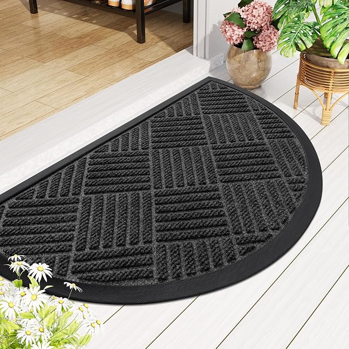 Smiry Half Circle Front Door Mat Outside Entrance, Heavy Duty Outdoor Indoor Natural Rubber Doormat, Non Slip, Trap Dirt and Moisture, Easy Clean, Low Profile Patio Porch Entryway Mat, 29.5x17, Black