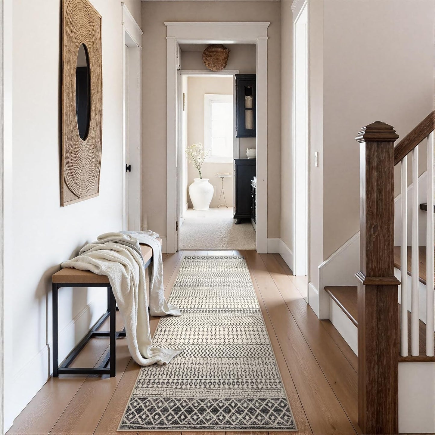 Moroccan Hallway Runner Rug, 2'6''x8' Ktchen Rugs Non Slip Washable, Low-Pile Distressed Bathroom Runner Rug Black Rugs for Bedroom Bathroom Kitchen Entryway Laundry Room