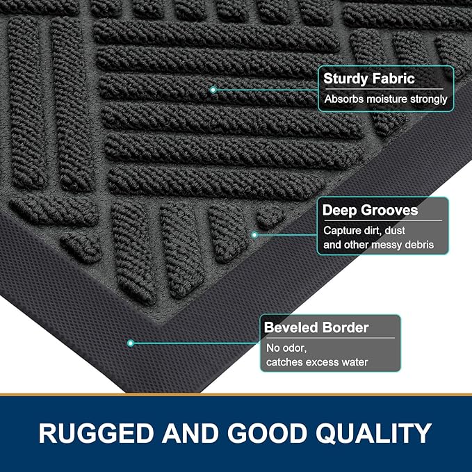 Smiry Front Door Mat Outside Entrance, Heavy Duty Outdoor Indoor Natural Rubber Doormat, Non Slip, Trap Dirt and Moisture, Easy Clean, Low Profile Patio Porch Entryway Mat, 47x23, Black