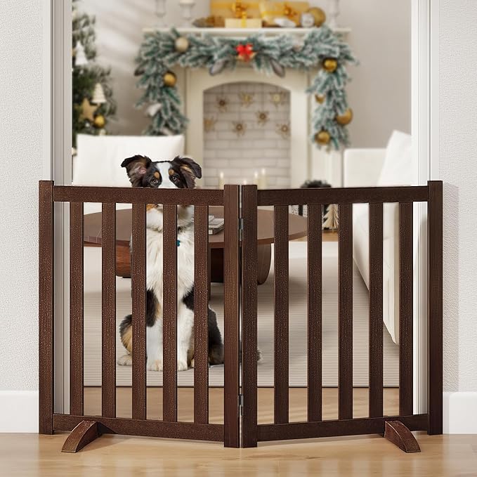 24" Height Tall Freestanding Pet Gate, Solid Wood Folding Safety Fence Wooden Dog Gate with 2 PCs Support Feet Ideal for Stairs, Doorways, Halls, Kitchens, Heavy Duty Gates, 2 Panels, Walnut