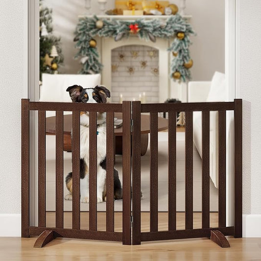 24" Height Tall Freestanding Pet Gate, Solid Wood Folding Safety Fence Wooden Dog Gate with 2 PCs Support Feet Ideal for Stairs, Doorways, Halls, Kitchens, Heavy Duty Gates, 2 Panels, Walnut