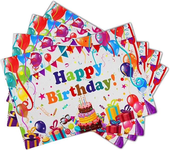 Giwawa Happy Birthday Placemats, Bithday Cake Gifts Decorative Table Mat Set of 4, Colored Flags Balloons Confetti Place Mats 12"x18" for Kitchen Dining Party, Heat Resistant Washable Non-Slip