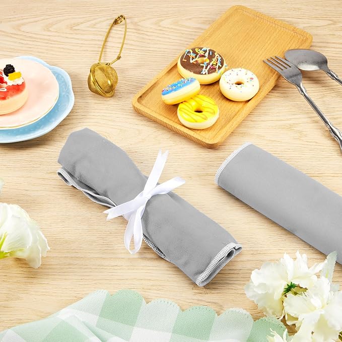 Hillban 6 Pcs Anti Tarnish Silver Storage Bags Silver Storage Cloth Felt Flatware Organizer Anti Tarnish Protector Bags Place Setting Roll with White Ribbon for Kitchen Cutlery (6 Slots,Grey)