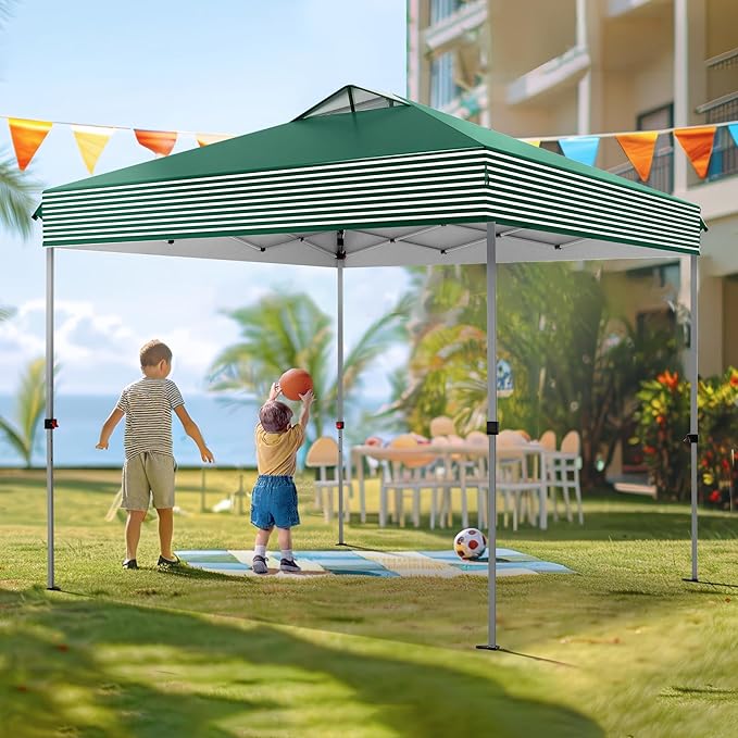 PHI VILLA Pop Up Canopy 10 10 Tents for Parties with Wheeled Bag, Portable Lightweight Folding w/Adjustable Height,Green and White Stripes?Green Stripe