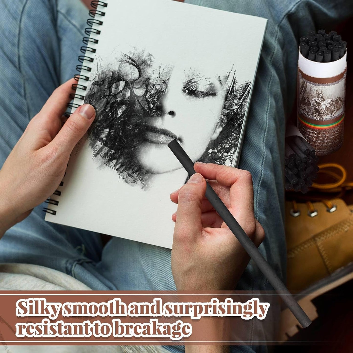 Gueevin 50 Pcs Willow Charcoal Sticks, Willow Charcoal, Artists, Beginners, Students, Perfect for Sketching, Drawing, Shading, and Fine Art Christmas Gifts for Art (2-4mm)